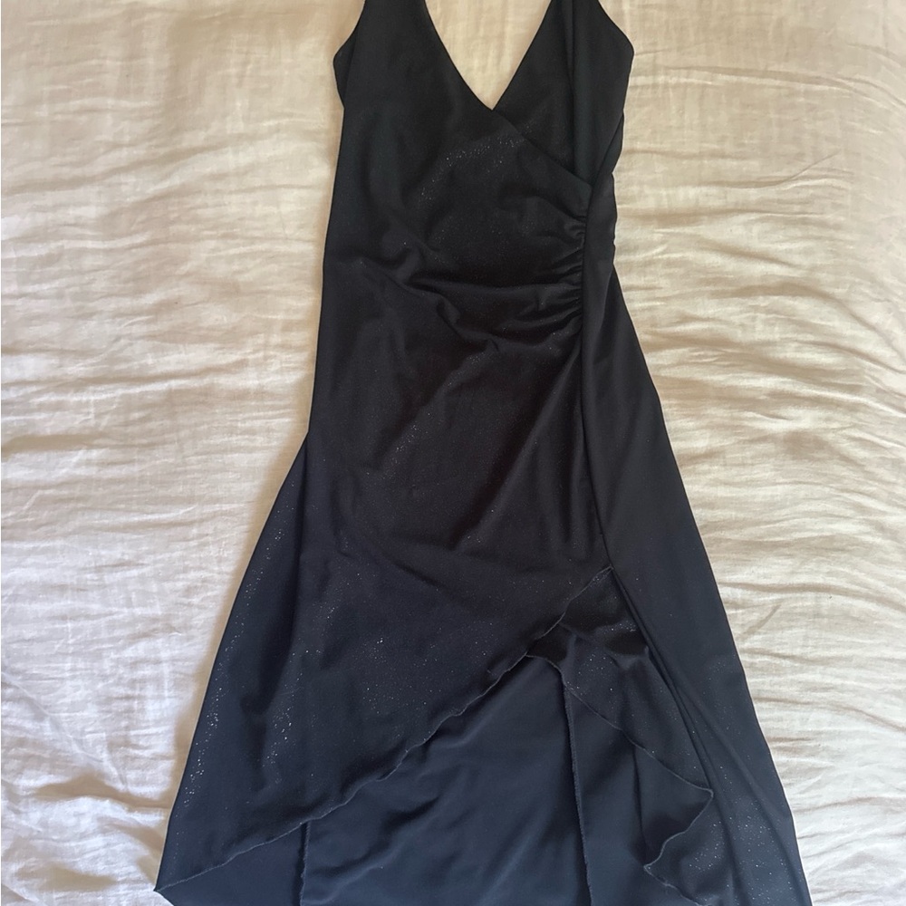 Y2K Vintage Black Halter Neck, Sparkle Asymetrical Ruffle Dress 🥰